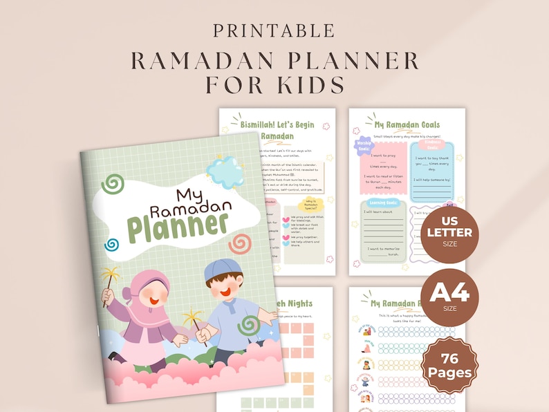 May include: A printable Ramadan planner for kids. The cover features a cartoon illustration of two children holding sparklers. The planner includes pages for goals, activities, and tracking, with text that reads "My Ramadan Planner".