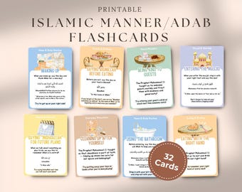 Islamic Manners Flashcards: 32 Printable Adab Cards for Muslim Kids, PDF A4 US Letter