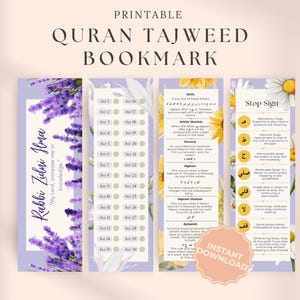 Ensemble de marque-pages Coran islamique imprimable, marque-page sur les règles du Tajweed, Juz Tracker, signet stop pour le Coran, cadeau islamique, marque-page pour l'étude du Coran