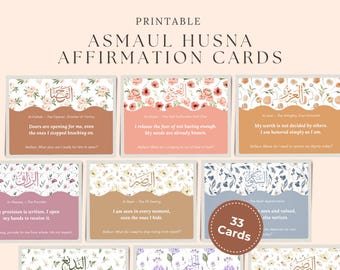 Asmaul Husna Affirmation Cards: 33 Printable Names of Allah Flashcards with Dua and Reflection