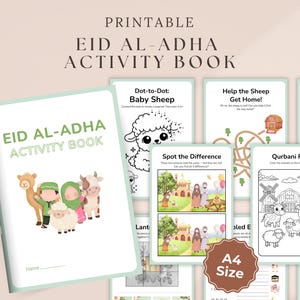 May include: A printable Eid al-Adha activity book with a light green border. The cover features illustrations of a camel, sheep, cow, and people. Inside are various activities, including dot-to-dot, mazes, and coloring pages. The book is A4 size.