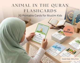 Animals in the Quran Flashcards: 20 Printable Islamic Kids Education Cards, PDF A4 & US Letter