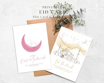 Tarjeta imprimible de Eid Mubarak: Tarjeta islámica minimalista en formato PDF plano y plegado de 5 x 7 pulgadas.