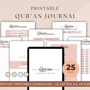 Puede incluir: Diario y rastreador del Corán imprimible con 25 páginas. El diseño presenta una paleta de colores suaves con acentos rosas. Incluye páginas para el seguimiento del progreso, registros de memorización y un índice. Disponible en tamaños US Letter, A4 y A5.