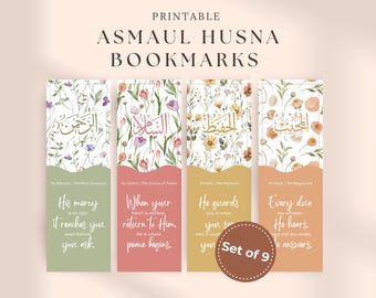 Asmaul Husna Bookmarks: Set of 9 Printable Islamic Affirmation Cards, PNG PDF