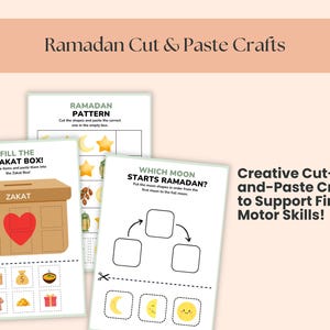 May include: Ramadan-themed cut-and-paste crafts for kids. The image shows three activity sheets with illustrations of a Zakat box, Ramadan patterns, and moon phases. Text includes "Fill the Zakat Box!" and "Which Moon Starts Ramadan?"