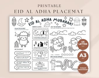 Mantel individual para actividades de Eid Al-Adha: Mantel individual imprimible para niños / A3 y tamaño Carta de EE. UU. PDF PNG