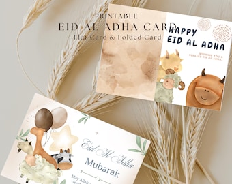 Tarjeta de Eid Al-Adha Mubarak: Juego de 3 tarjetas de felicitación islámicas imprimibles, ilustración de Qurban en acuarela.