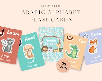 Arabic Alphabet Flashcards for Kids, Printable Arabic Learning Cards, Animal Themed Arabic Letters Card, Educational Muslim Kids Flashcards