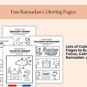 May include: A collection of Ramadan-themed coloring pages. The pages include activities like coloring by number, shape matching, and coloring bookmarks. The text on the pages includes "Fun Ramadan Coloring Pages", "Color the Mosque by Shape", and "Ramadan Coloring Bookmarks".