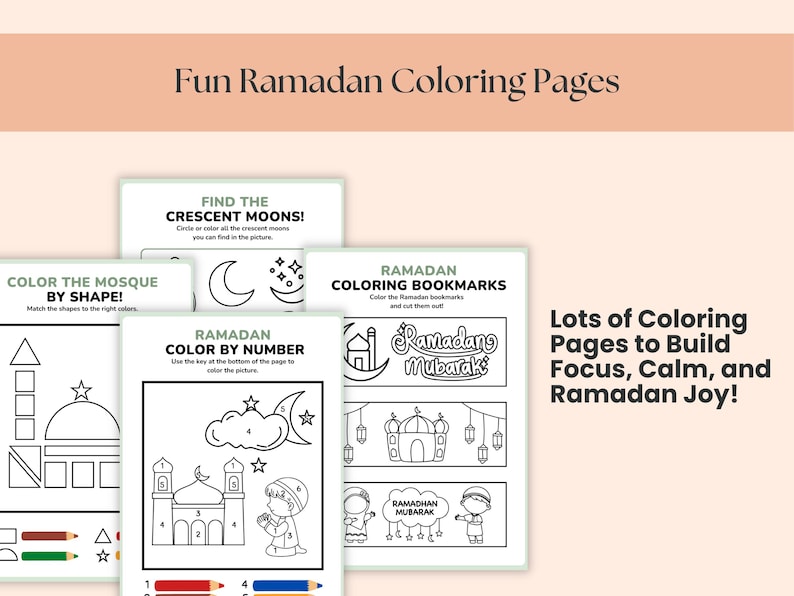 May include: A collection of Ramadan-themed coloring pages. The pages include activities like coloring by number, shape matching, and coloring bookmarks. The text on the pages includes "Fun Ramadan Coloring Pages", "Color the Mosque by Shape", and "Ramadan Coloring Bookmarks".
