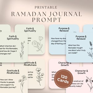 Pode incluir: Conjunto de 120 cartões de prompts de diário do Ramadão para imprimir. Os cartões são em tons pastel, cada um com um prompt diferente relacionado à fé, espiritualidade, gratidão e crescimento pessoal. Desenhos florais adornam os cartões.