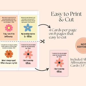 K&ouml;nnte beinhalten: Druckbare Affirmationskarten mit floralen Illustrationen und inspirierenden Zitaten. Die Karten sind zum einfachen Drucken und Schneiden konzipiert, mit vier Karten pro Seite. Das Design enth&auml;lt eine Beispielkarte mit dem Text "I live to worship Allah."