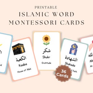 Op de afbeelding: Printbare islamische Montessori-woordkaarten met illustraties en Arabische tekst. Kaarten met woorden als Islam, Kaaba, Shukr, Shahada en Alhamdulillah. De set bevat 36 kaarten.