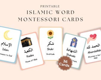 Tarjetas didácticas con las primeras palabras islámicas: Tarjetas de aprendizaje Montessori para niños musulmanes, 36 archivos PDF imprimibles (tamaños A4 y Carta estadounidense).