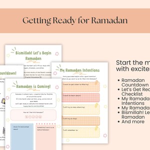 May include: A collection of printable Ramadan-themed worksheets and checklists. The pages feature pastel colors and handwritten fonts, with titles like "Ramadan Countdown" and "My Ramadan Intentions." The text "Getting Ready for Ramadan" is at the top.