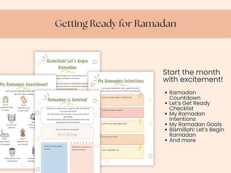 May include: A collection of printable Ramadan-themed worksheets and checklists. The pages feature pastel colors and handwritten fonts, with titles like "Ramadan Countdown" and "My Ramadan Intentions." The text "Getting Ready for Ramadan" is at the top.