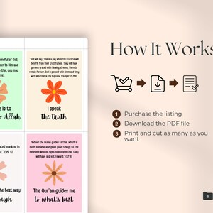 K&ouml;nnte beinhalten: Ein digitales Download-Produkt mit vier floralen Designs und inspirierenden Zitaten. Der Text enth&auml;lt "Mein Ziel ist es, Allah n&auml;her zu kommen", "Ich sage die Wahrheit", "Allah hat mich auf die beste Weise gemacht, ich bin genug" und "Der Koran leitet mich zum Besten".