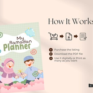 May include: A colorful "My Ramadan Planner" book cover with cartoon illustrations of children holding sparklers. The cover has the title in green and the instructions on how to use the planner are also shown.