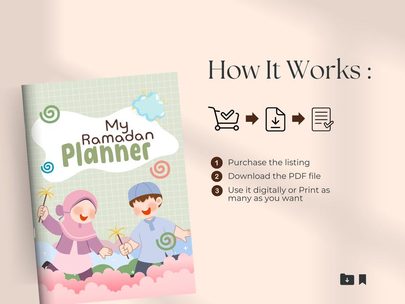 May include: A colorful "My Ramadan Planner" book cover with cartoon illustrations of children holding sparklers. The cover has the title in green and the instructions on how to use the planner are also shown.