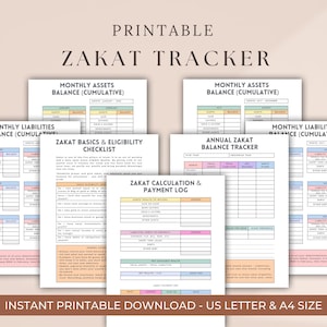May include: Printable Zakat Tracker with various financial tracking forms. Includes Monthly Assets Balance, Monthly Liabilities Balance, Zakat Basics & Eligibility Checklist, and Annual Zakat Balance Tracker. US Letter & A4 size.