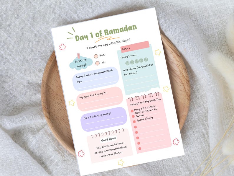 May include: A colorful Ramadan daily planner with pastel-colored boxes and text. The planner includes sections for fasting, goals, and good deeds. The text "Day 1 of Ramadan" is at the top, with the phrase "I start my day with Bismillah!" below it.