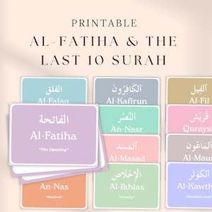 以下が含まれることがあります： アル・ファティハとコーランの最後の10のスーラを特徴とする印刷可能なカード。各カードは異なる色で、アラビア語のテキスト、翻字、英語の翻訳が含まれています。カードは教育目的のために設計されています。
