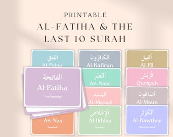 Tarjetas de Al Fatiha y las últimas diez suras: Tarjetas imprimibles para memorizar el Corán, aprendizaje islámico para niños (descarga en PDF)
