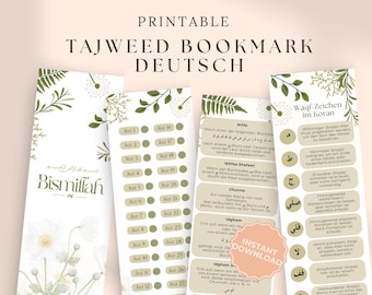 Marcador del Corán Tajweed en alemán: lista de verificación de Juz, reglas de Tajweed, señal de alto (PDF y PNG imprimibles)