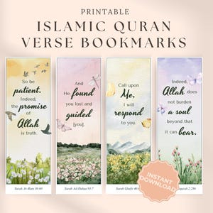 Puede incluir: Marcadores de versos del Corán islámico imprimibles con fondos de acuarela. Cada marcador presenta un verso diferente con ilustraciones florales y de mariposas. El texto incluye frases como "Sé paciente" y "Allah no carga un alma."