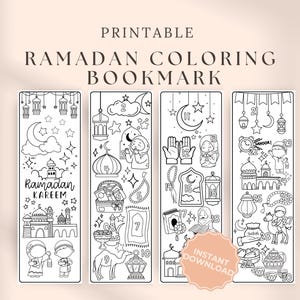 May include: Printable Ramadan coloring bookmarks with black and white illustrations. Each bookmark features Ramadan-themed drawings, including moons, stars, lanterns, and mosques. The text "Ramadan KAREEM" is visible on one bookmark. The words "INSTANT DOWNLOAD" are also visible.