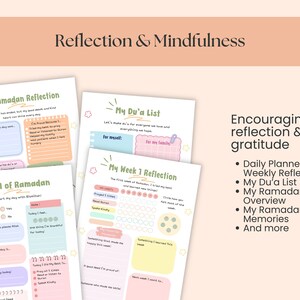 May include: A collection of printable Ramadan reflection and mindfulness pages. The pages include prompts for daily and weekly reflection, a Du'a list, and a Ramadan overview. The design features pastel colors and handwritten-style fonts.