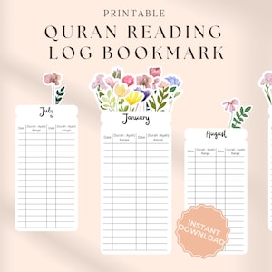 Könnte beinhalten: Druckbares Quran-Leseprotokoll-Lesezeichen mit floralen Akzenten. Enthält monatliche Protokollabschnitte zur Verfolgung von Lesungen, wobei die Monate Juni, Juli, Januar, August und September sichtbar sind. Enthält den Text "Sofort-Download".