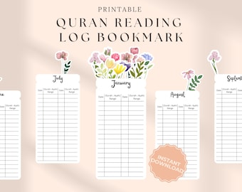 Quran Tracker Bookmark Set, Islamic Bookmark Printable, Quran Reading Log for 12 Months, Floral Islamic Stationery, Monthly Quran Tracker