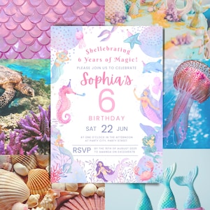 May include: A collage of mermaid-themed party elements. Includes a pink scale pattern, a birthday invitation with the text "Sophia's 6 Birthday", a cake, cupcakes, seashells, and a jellyfish. The invitation includes the date, time, and RSVP information.