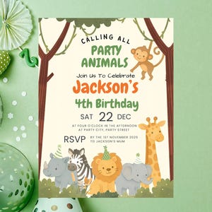 Invito a tutti gli animali da festa • Invito per il 4° compleanno a tema "Safari nella giungla" - Invito stampabile per la festa a tema "Safari" - Compleanno a tema giungla per bambini