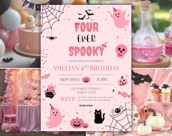 Four Ever Spooky Birthday Invitation | Spooky Pink Halloween Birthday Invite | Editable 4th Birthday Girl Template | Instant Download