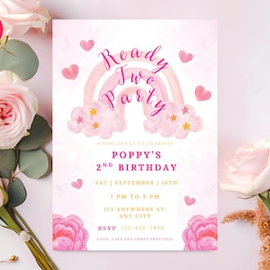 Pink Whimsical 2nd Birthday Invitation: Editable Canva Template (Digital Download)