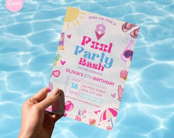 May include: A colorful pool party invitation with the text "Pool Party Bash" and details for Olivia's 8th birthday. The design includes illustrations of a sun, ice cream, sunglasses, and other summer-themed graphics.