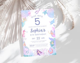 Editable Mermaid Birthday Invitation Template | Dive Into Five Mermaid Party | Pastel Mermaid Invite 5x7 | Purple & Pink Girls 5th Birthday