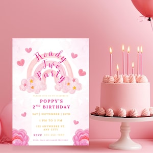 Pink Whimsical 2nd Birthday Invitation: Editable Canva Template (Digital Download)