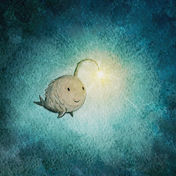 A Light in the Dark - Cute angler fish print. Wall Decor full of hope, happiness, & encouragement. Kawaii fish art of a happy sea monster.