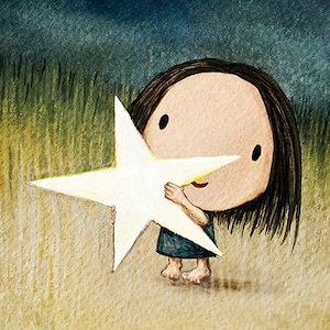 Catch a Star. Catch a falling star Wall Décor of a child with a star. It's a cute little girl print. So sweet and Kawaii Can she keep it image 1