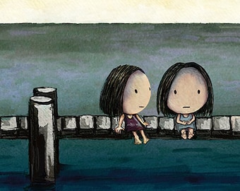 The Jetty. Friendship artwork of a wee girl comforting her friend. I hope she feels better. Sad kawaii artwork of cute girls on an old pier.