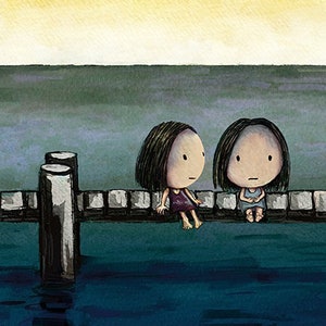 The Jetty. Friendship artwork of a wee girl comforting her friend. I hope she feels better. Sad kawaii artwork of cute girls on an old pier. image 1