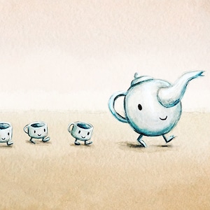 May include: A white teapot with a spout and a handle walks with four white teacups with handles. The teapot and teacups have happy faces drawn on them. The background is a light brown watercolor wash.