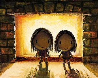 Warming up. Winter art of two sisters keeping warm by the fire. Winter wall décor of cute girls by the fireplace being all snug and cozy.