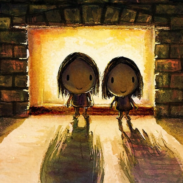 Warming up. Winter art of two sisters keeping warm by the fire. Winter wall décor of cute girls by the fireplace being all snug and cozy.