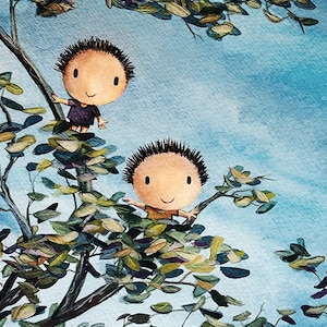 Explorers - Art print for a boys room of adventure! Of boys climbing a tree! Brothers gift or kids wall art of happy boys. Adventure Awaits!