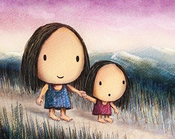 The Way Home. Cute wall décor of a mother and daughter walking together on their way home. An artwork featuring holding hands and walking!